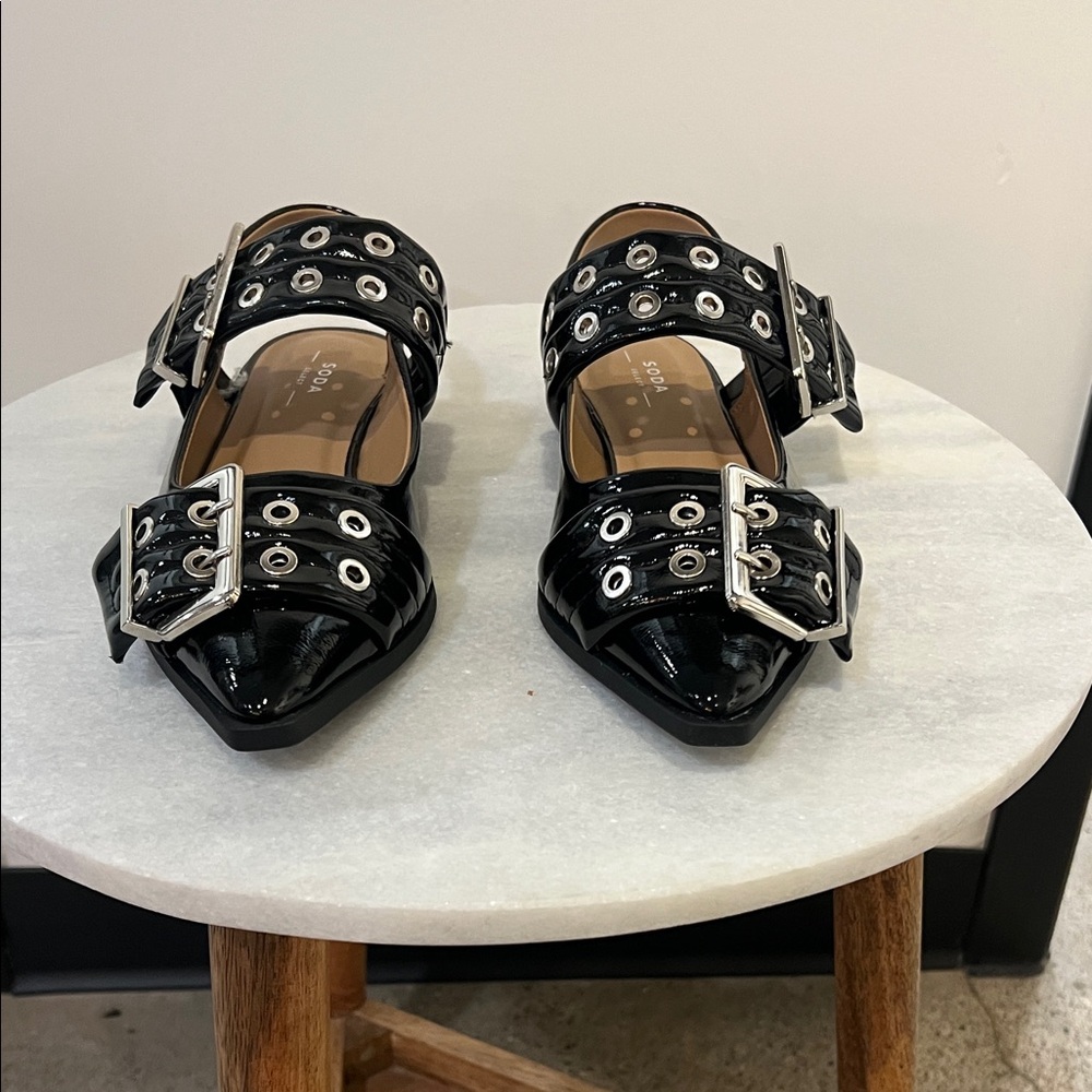Soda Black Patent Buckle Flats